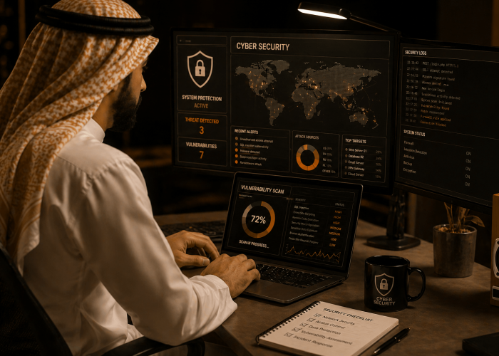 Cybersecurity workstation at dusk